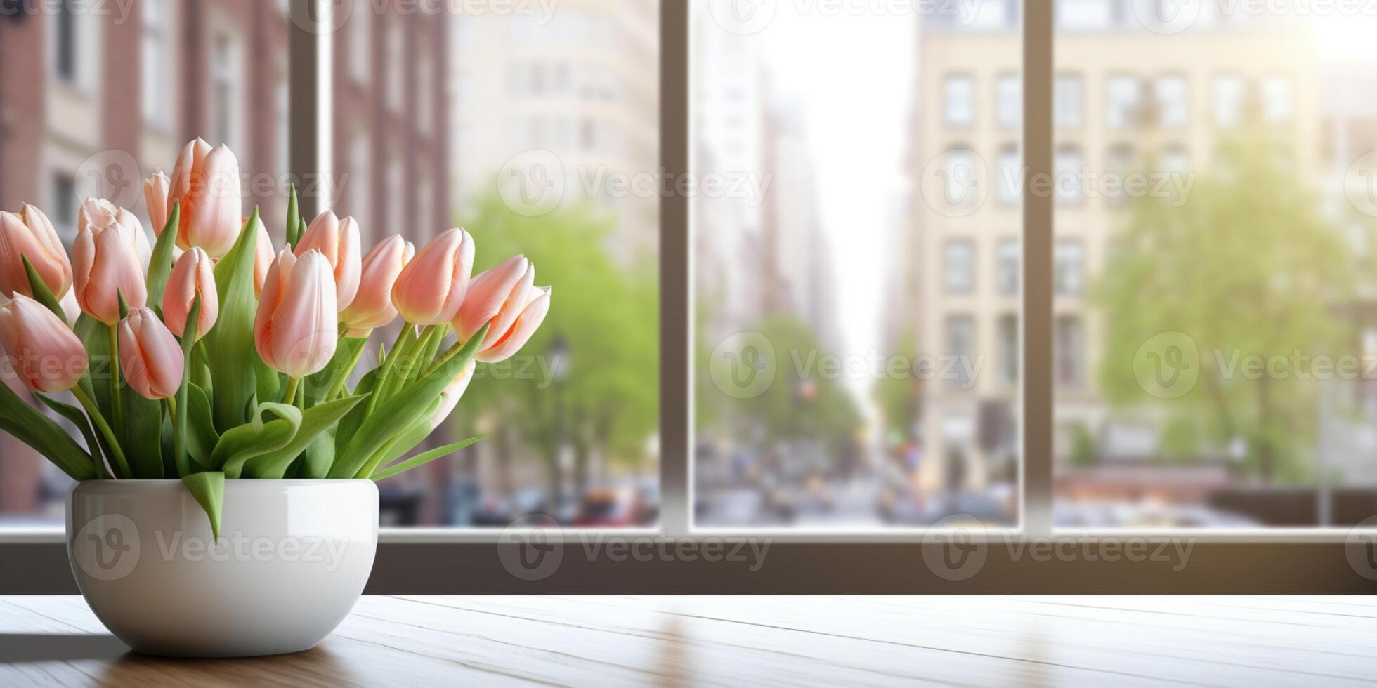 Window and Tulip flower on table with sun light copy space blurred background, photo