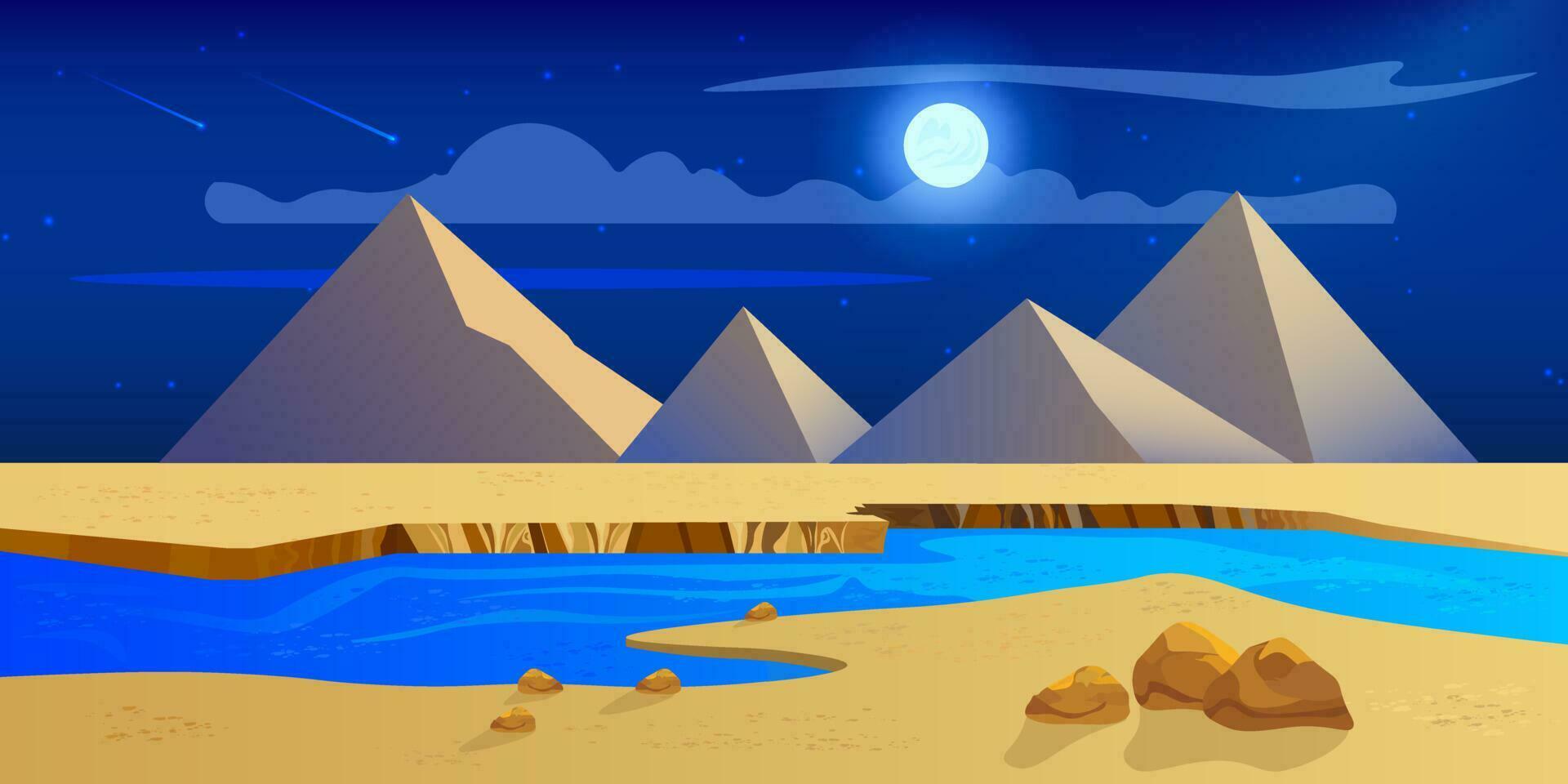 egipcio Desierto con río y pirámides a noche. paisaje con arena dunas, Luna y estrellas en el cielo. vector ilustración