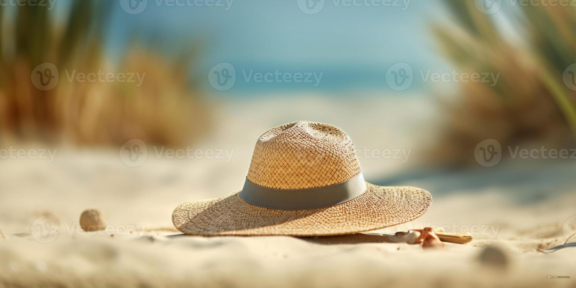 Paja sombrero en playa arena fiesta antecedentes. ai generado foto