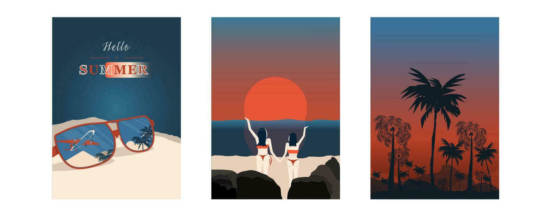 concepto verano vacaciones, Gafas de sol, mujer personas en playa relajarse, puesta de sol y silueta, Coco árbol y montaña vista, noche ligero vector
