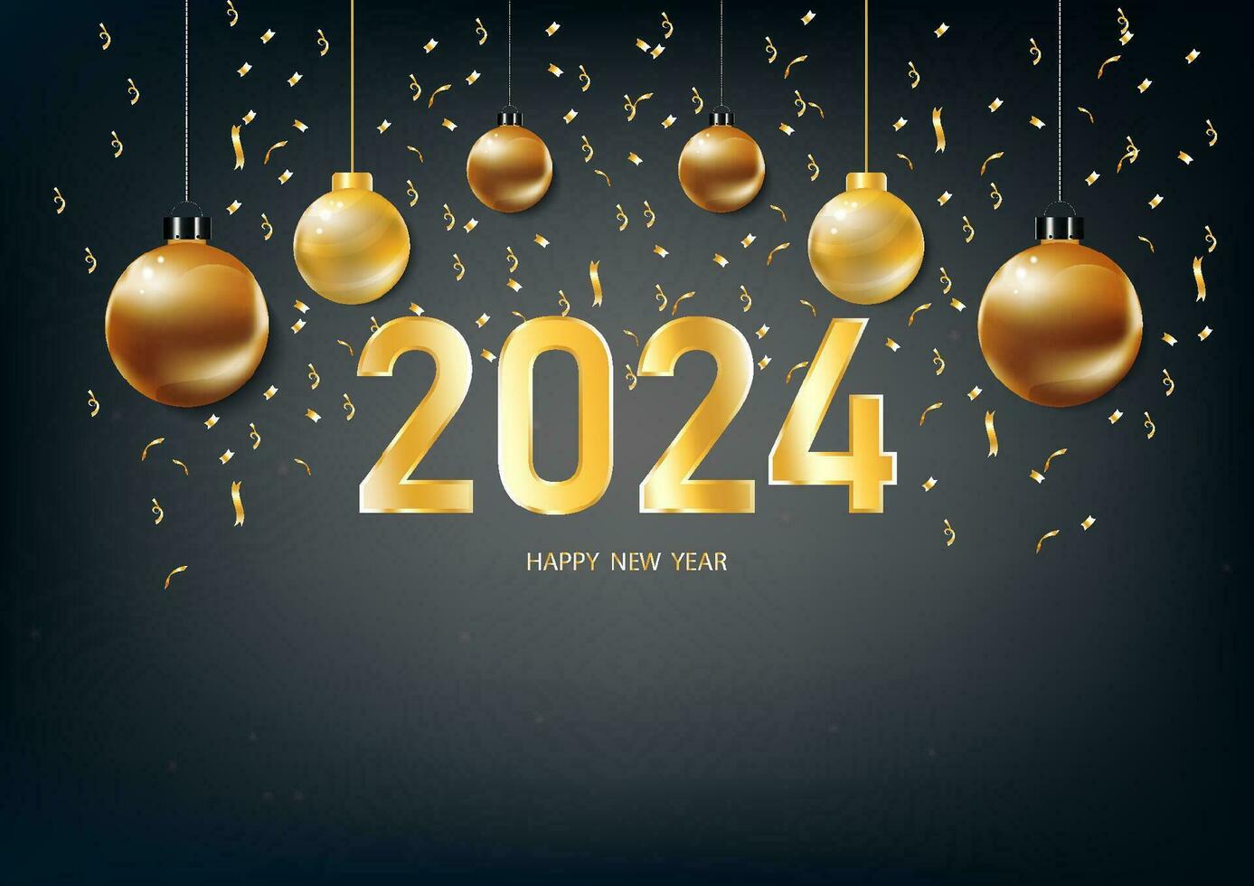 Happy new year 2024. with Golden numbers golden Christmas decorations and confetti on black blue background vector