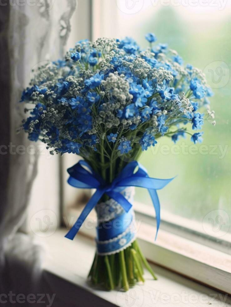 Forget me not flower wedding bouquet blurred background. AI Generated photo