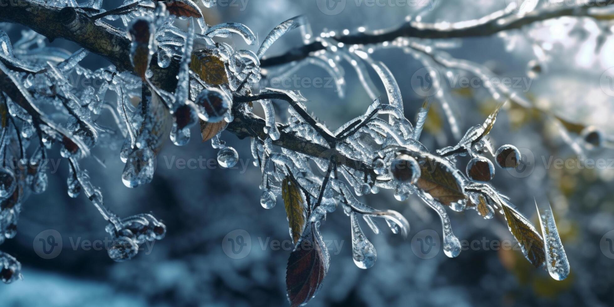 Ice storm trees and fruit freeze in winter, photo