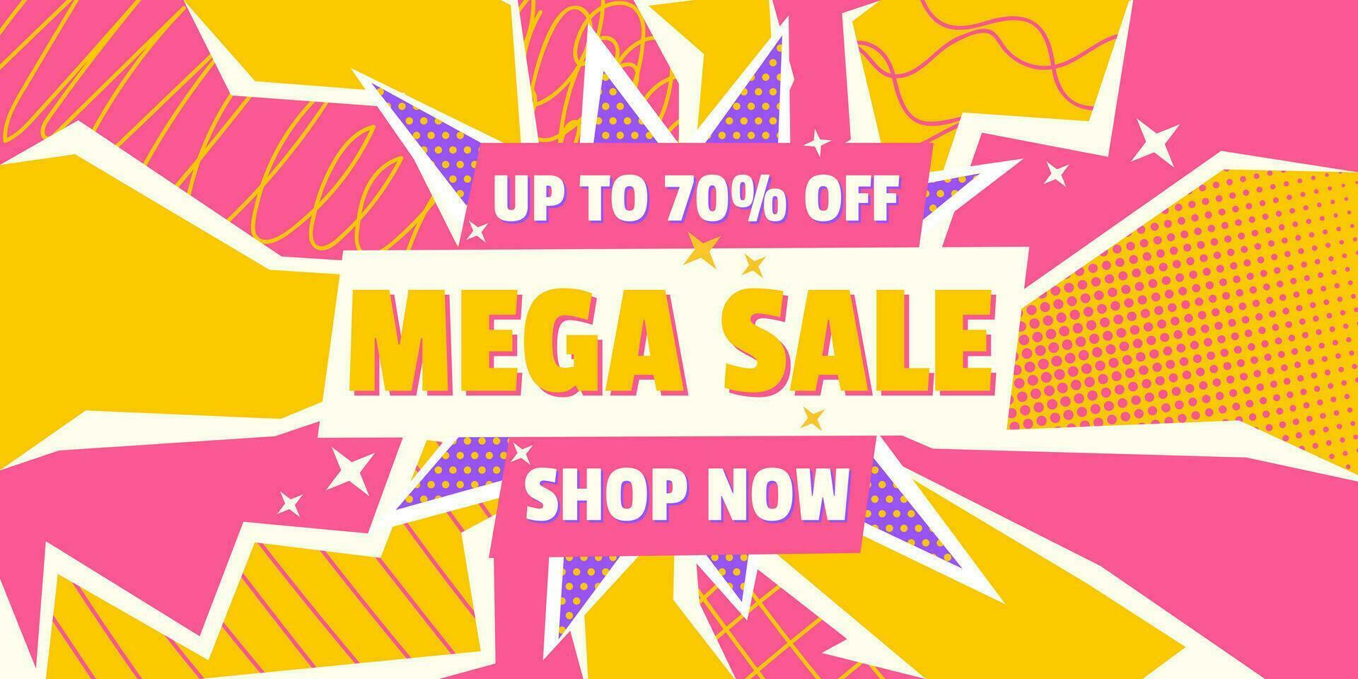 Mega sale banner. Shop now. Vector bright pop art background with halftone, abstract geometric shapes, with retro sun rays texture. For business, advertising, poster