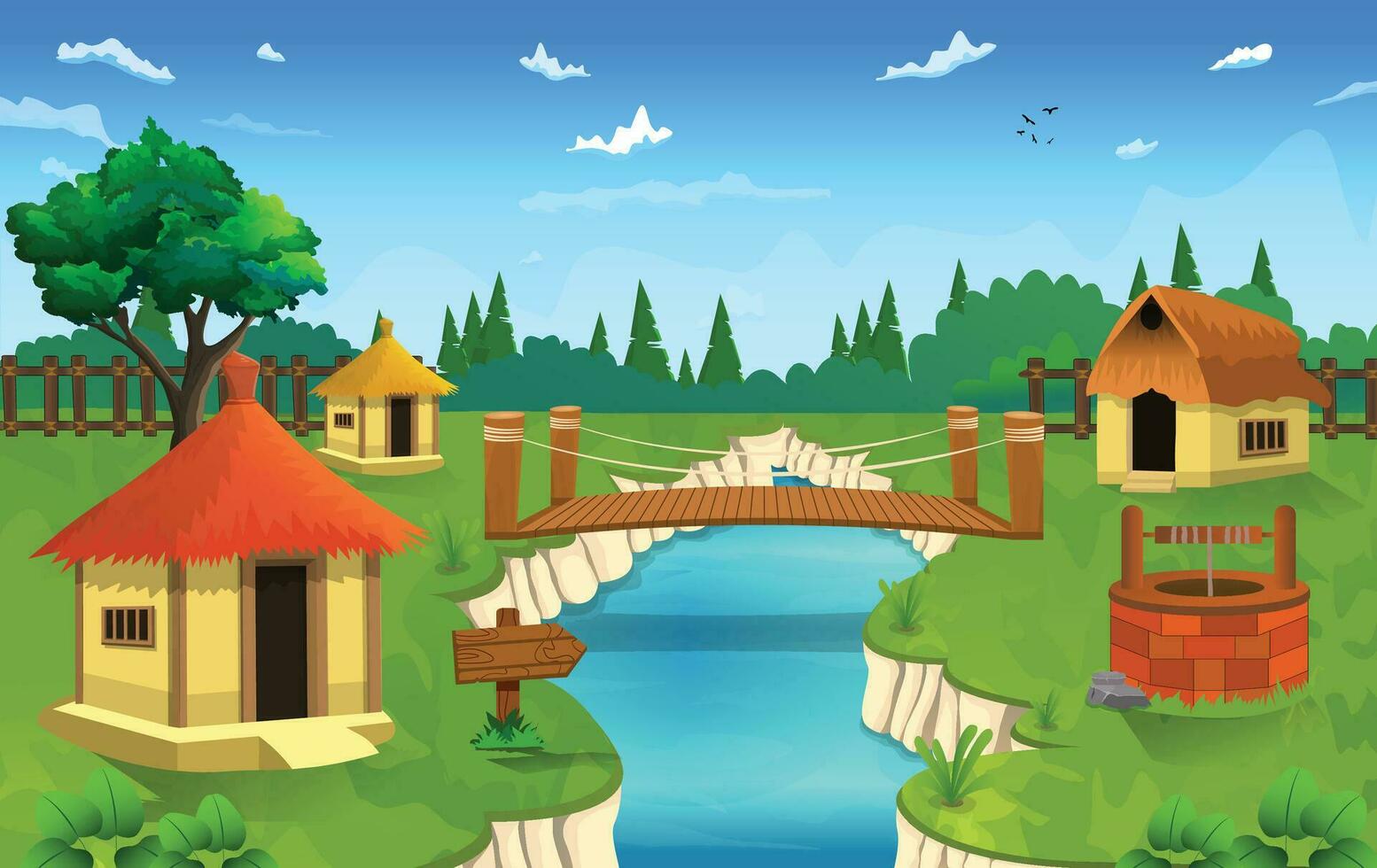 Vector illustration of countryside beautiful pakistan village cartoon background of green meadows and surrounded by trees and mountains.