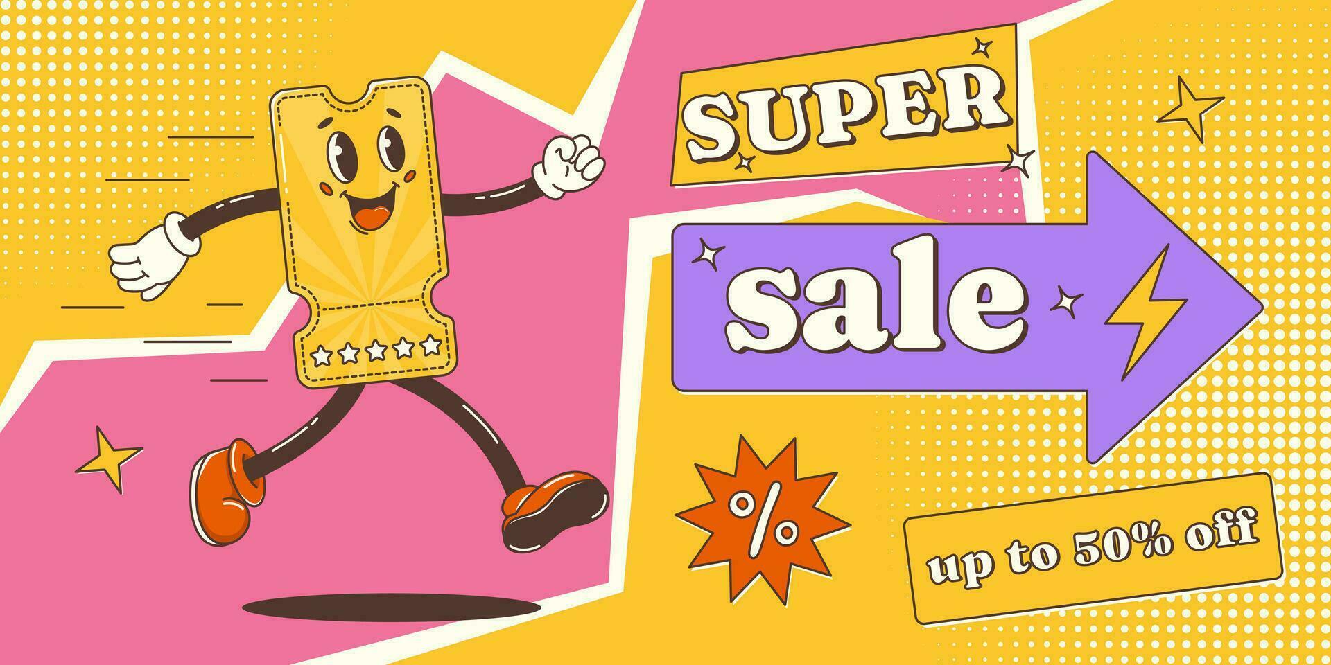 Sale banner, retro groovy discount coupon character runs to super sale. Vector pop art background with halftone, abstract geometric shapes, direction indicator. For business, advertising, poster
