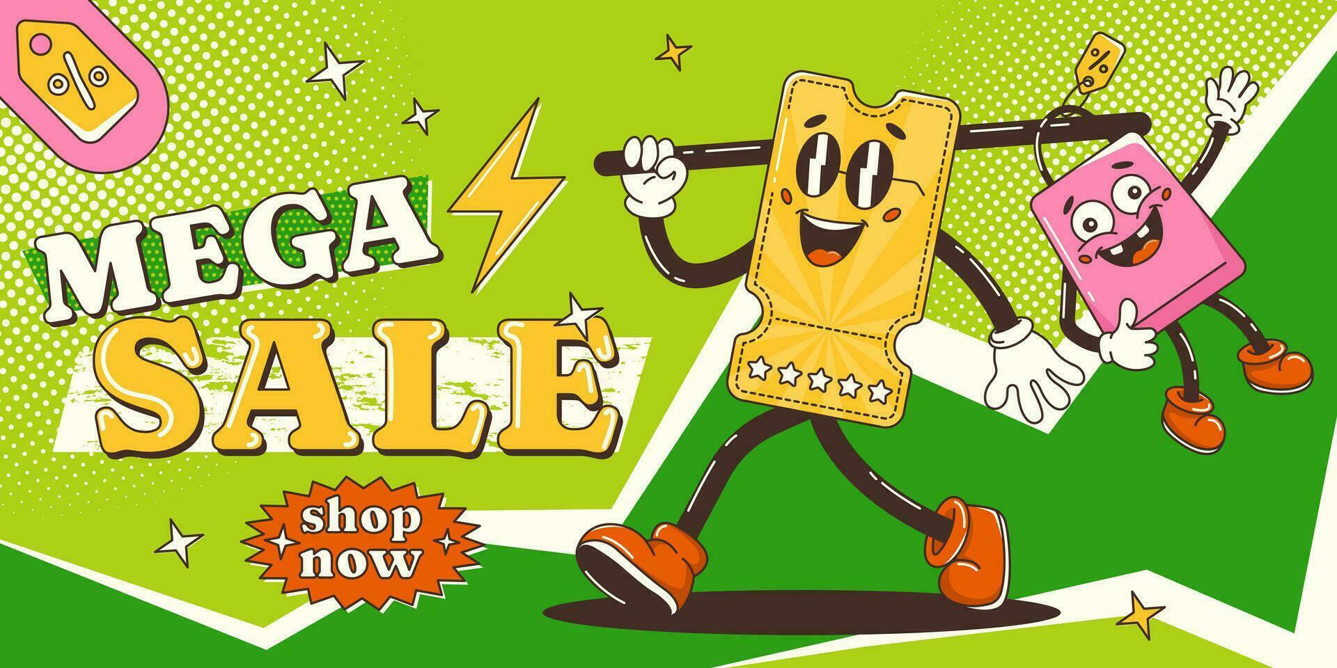 Mega sale banner, retro groovy discount coupon character goes with sale bag. Shop now. Vector pop art background with halftone, abstract geometric shapes. For business, advertising, poster