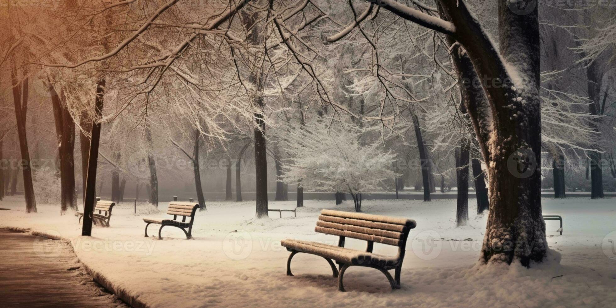 Wooden chair in the winter garden blurred background, AI Generated photo