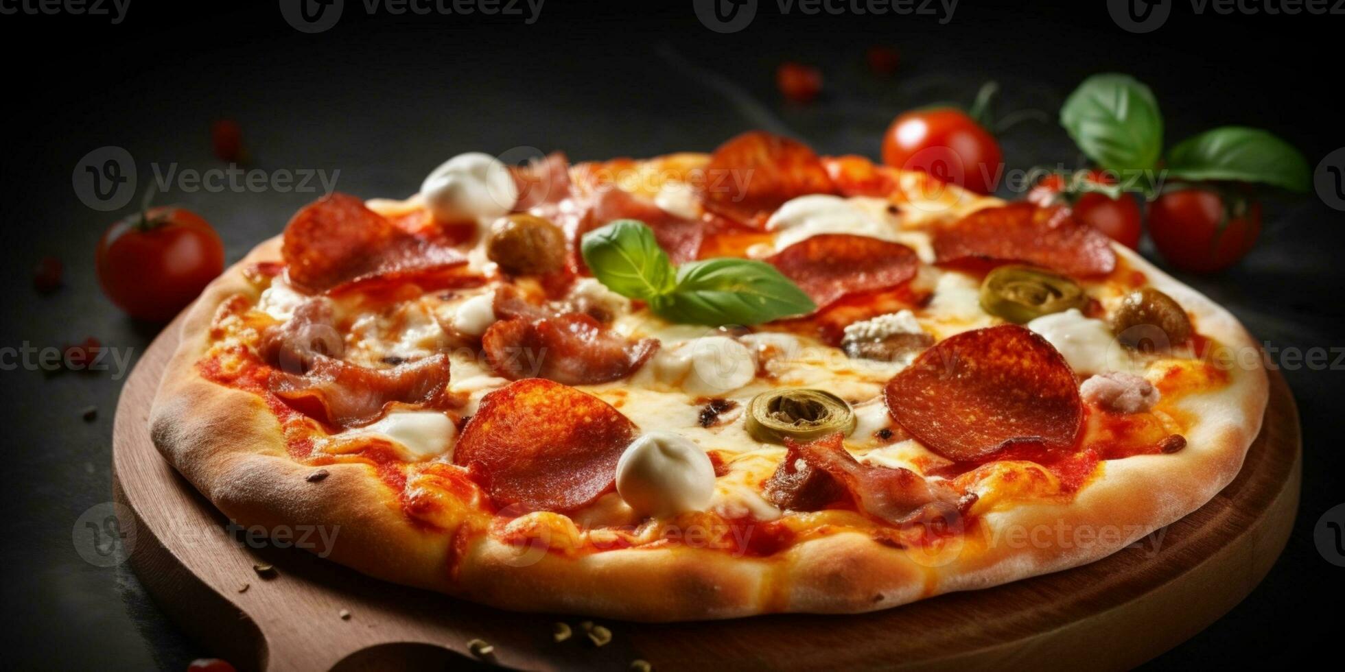 Pizza cheese and sausage blurred background, AI Generateand photo