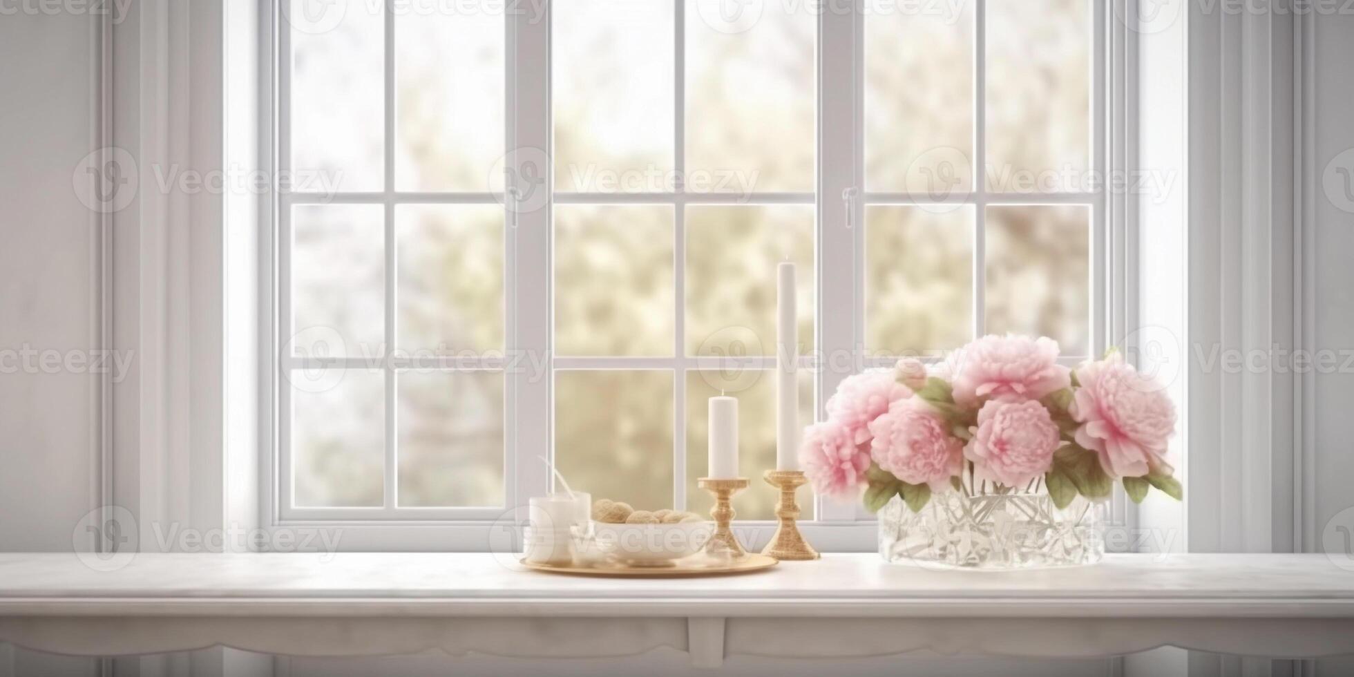 Pink peony flower and window with sun light copy space blurred background, photo