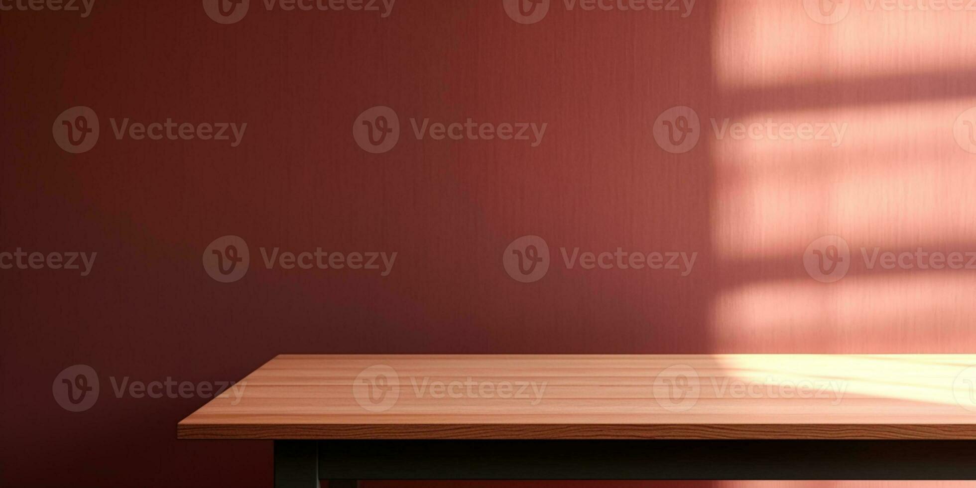 Wooden table and sun light red wall copy space background, AI Generated photo