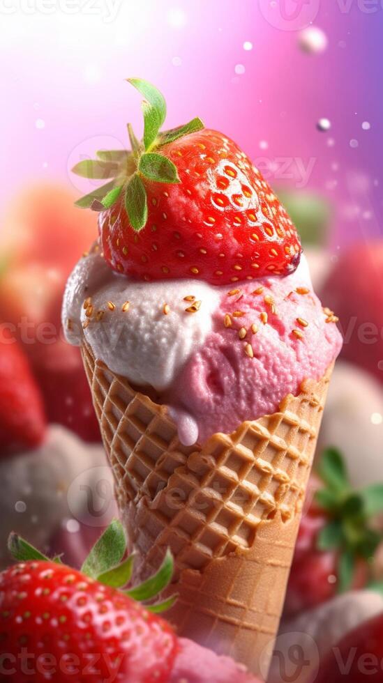 Ice cream cone waffle with strawberry topping background. photo