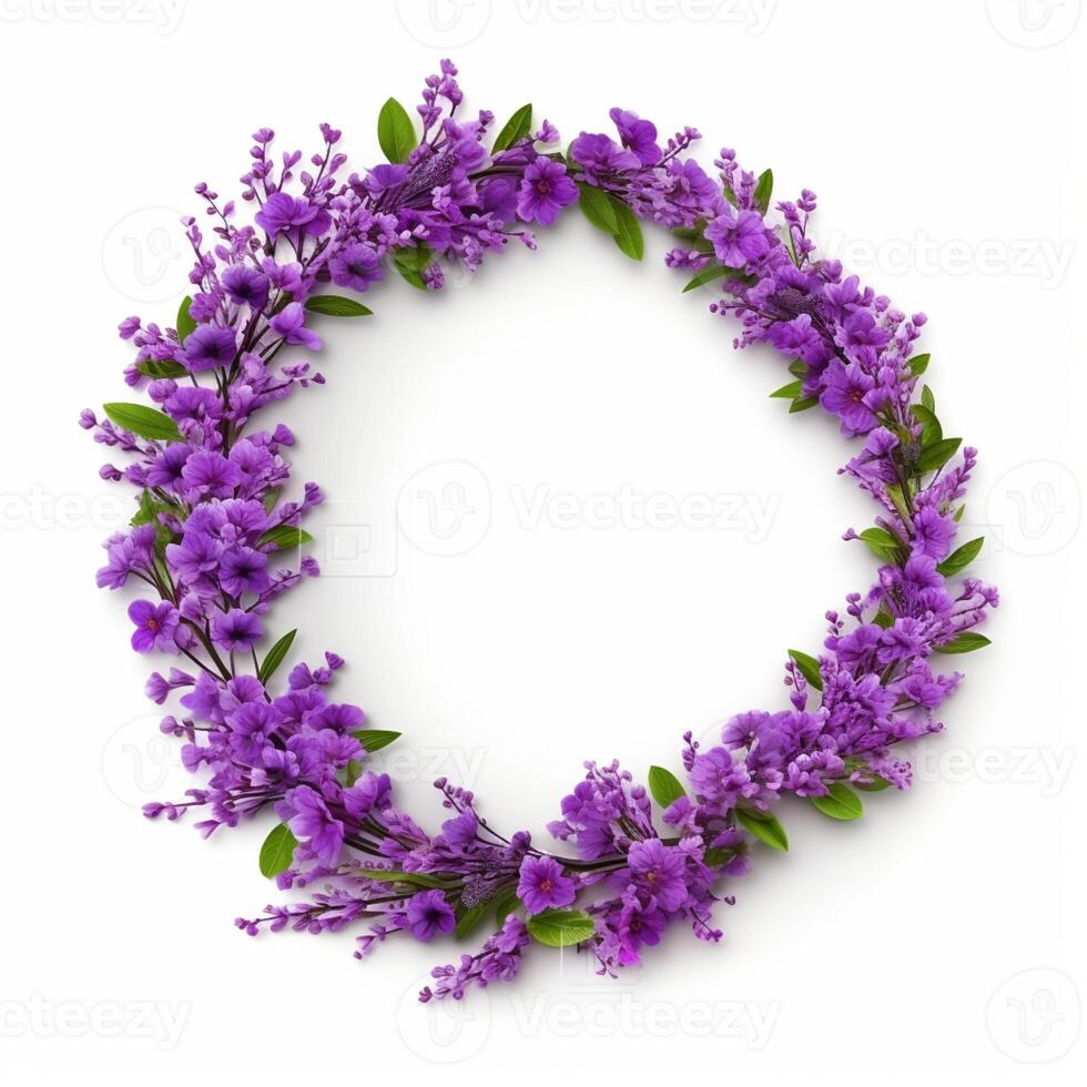 Circle made of purple flowers and branches copy space background. AI Generated photo