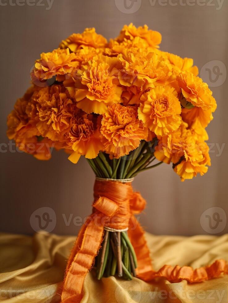 Marigold bridal flower wedding bouquet blurred background. AI Generated photo