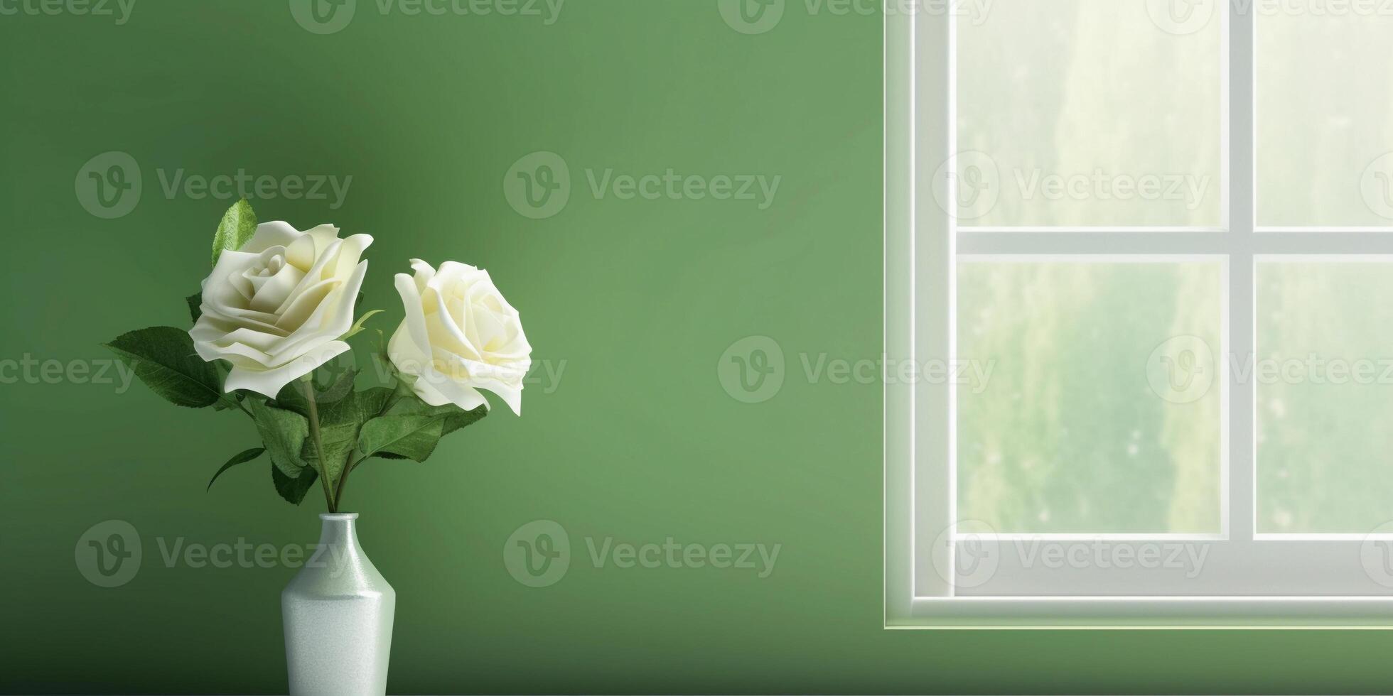 White rose flower and window with sun light copy space blurred background, photo