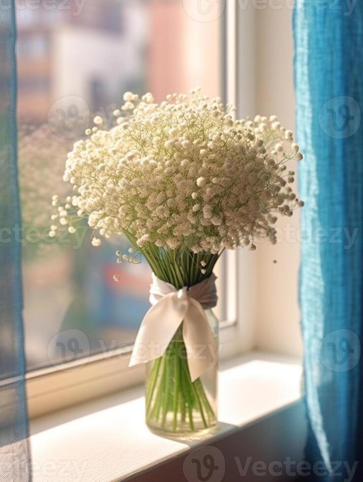 Babys breath flower copy space blurred window background. photo