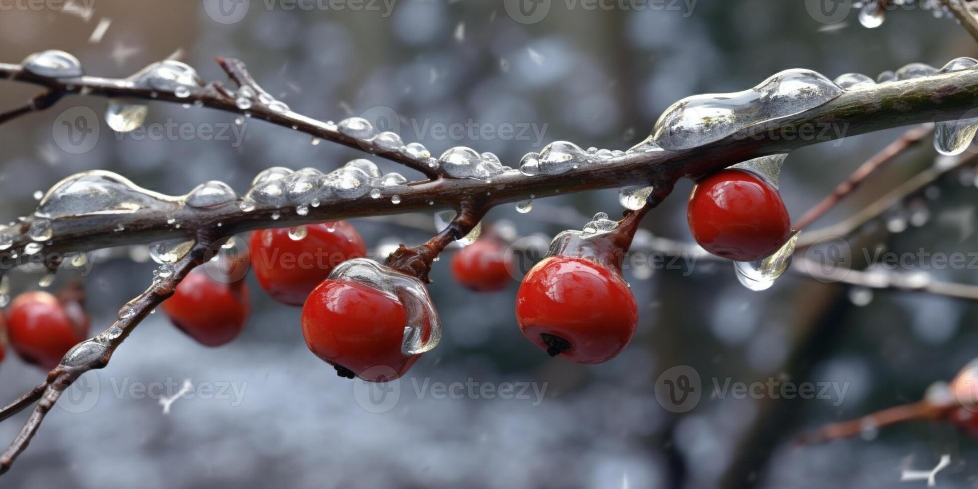 Ice storm trees and fruit freeze in winter, AI Generated photo