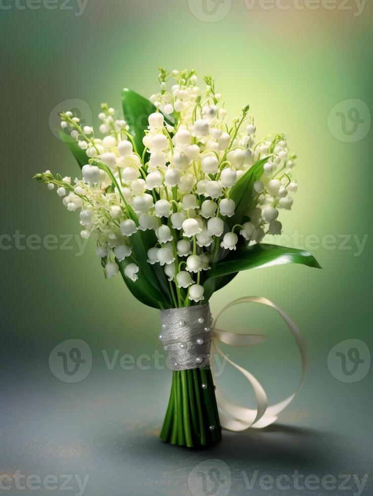 Lily of the valley wedding bouquet flower on blurred window background. photo