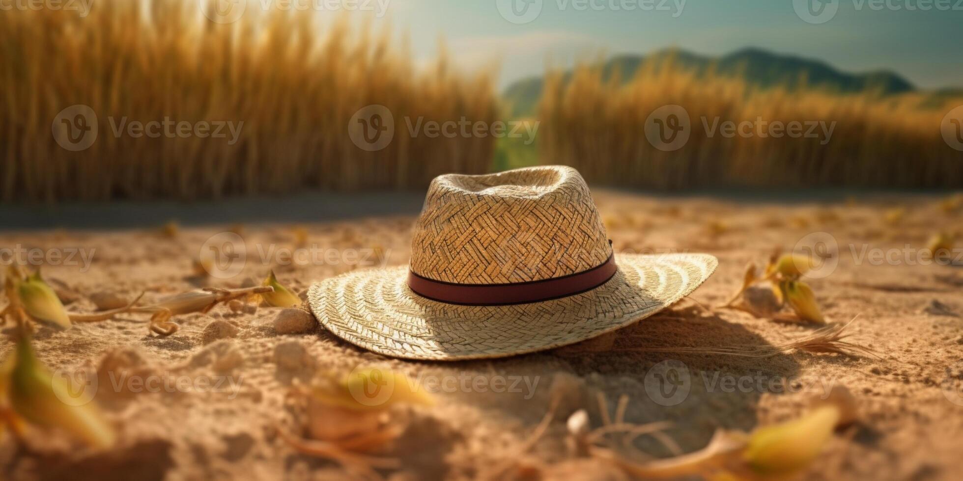 Paja sombrero en playa arena fiesta antecedentes. ai generado foto