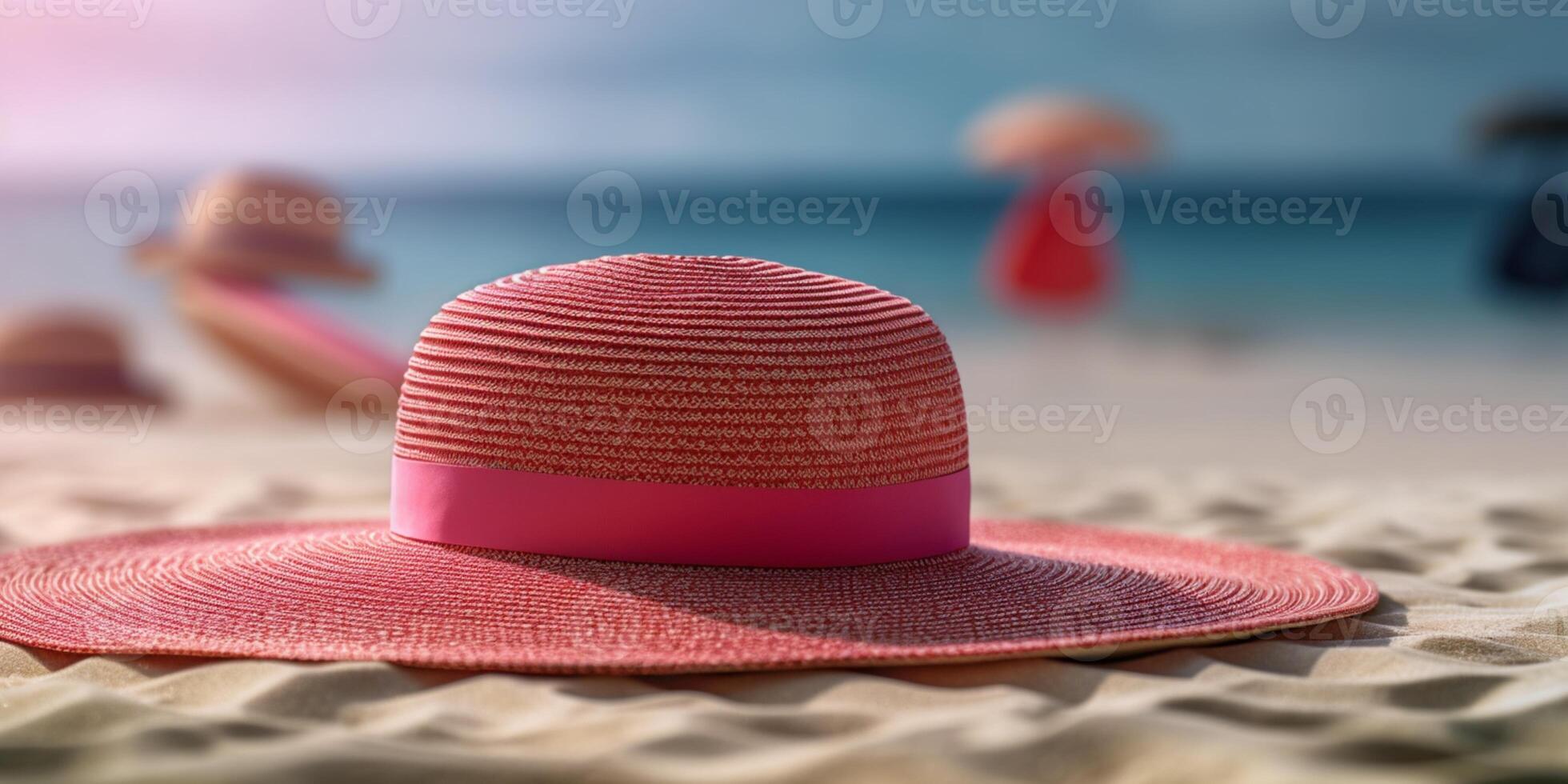 Pink straw hat on beach sand holiday background. photo