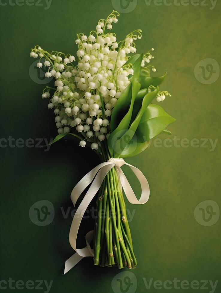 Lily of the valley wedding bouquet flower on blurred window background. photo