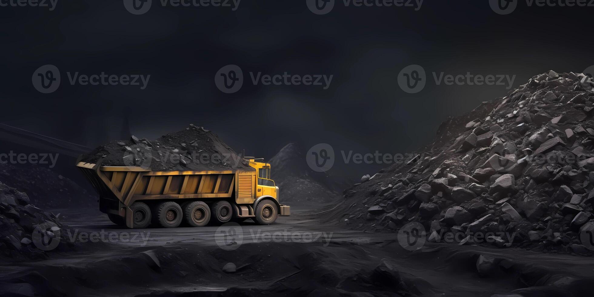 Dumptruck carries coal piles, mining activity. photo