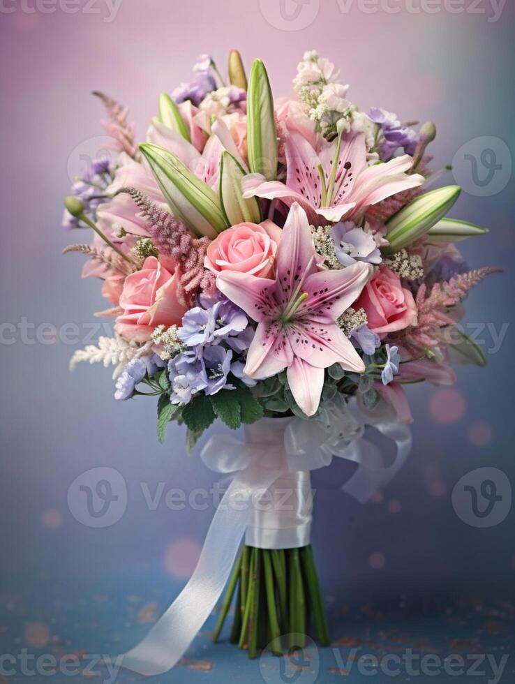 Stock flower wedding bouquet blurred background. AI Generated photo