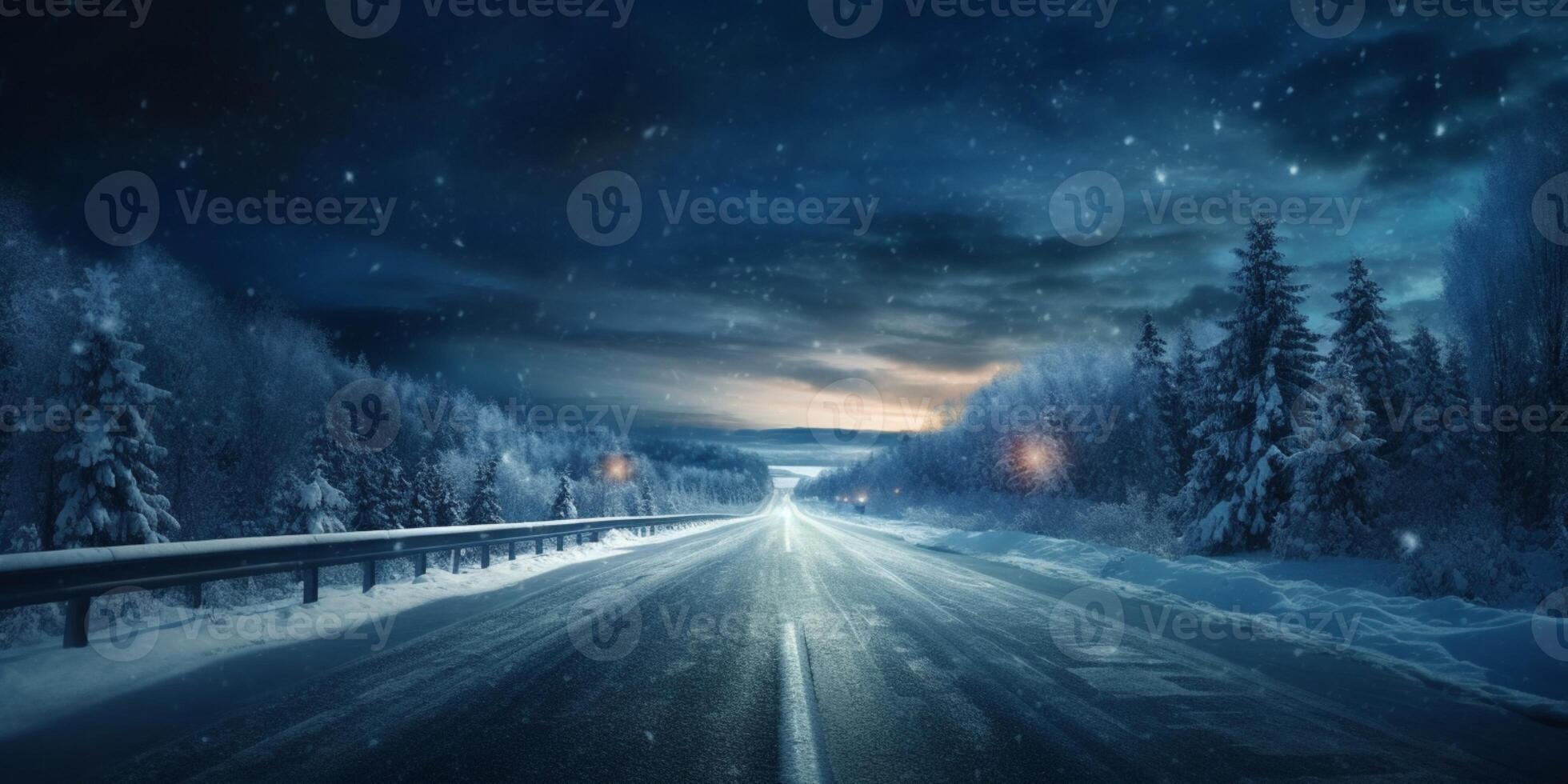 Snowy road in winter blurred background, AI Generated photo