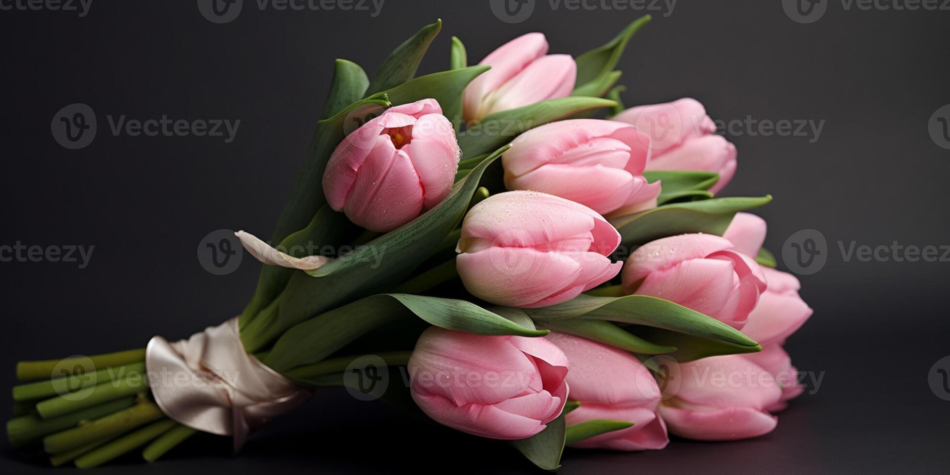 Pink tulip wedding bouquet flower on blurred background. AI Generated photo