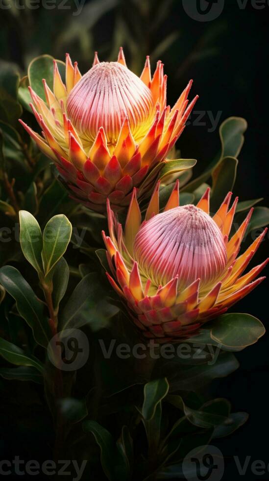 Protea sugarbushes photo wallpaper background. AI Generated