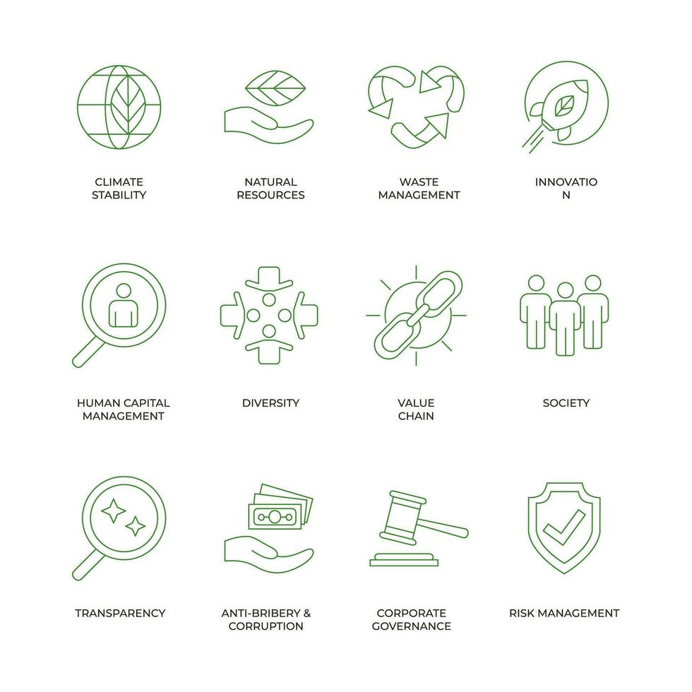 ESG Icons For Business Organization. Set of editable outline stroke icons related to Environment Social Governance isolated on white background flat vector illustration