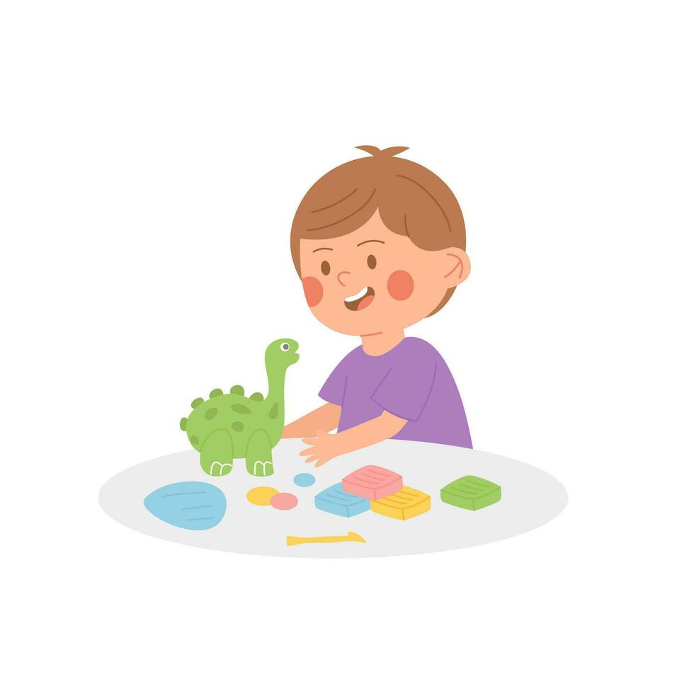Little boy play with toy clay plasticine, vector illustration on white background