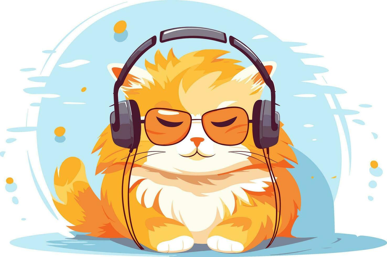 linda gato escuchando canciones con auriculares y vistiendo enfriamiento lentes ilustración vector