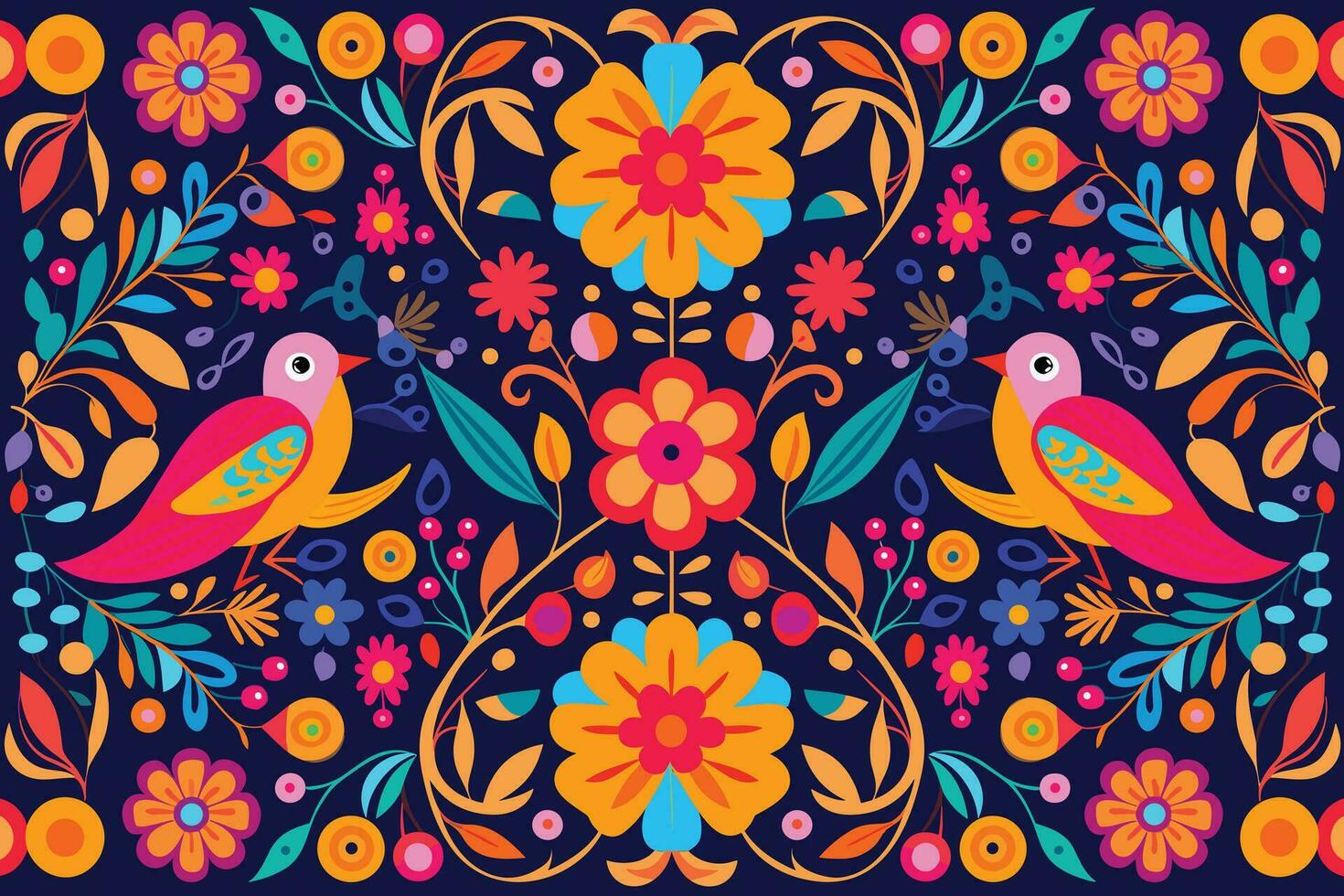 colorful mexican background with flowers and birds flat design vector illustration