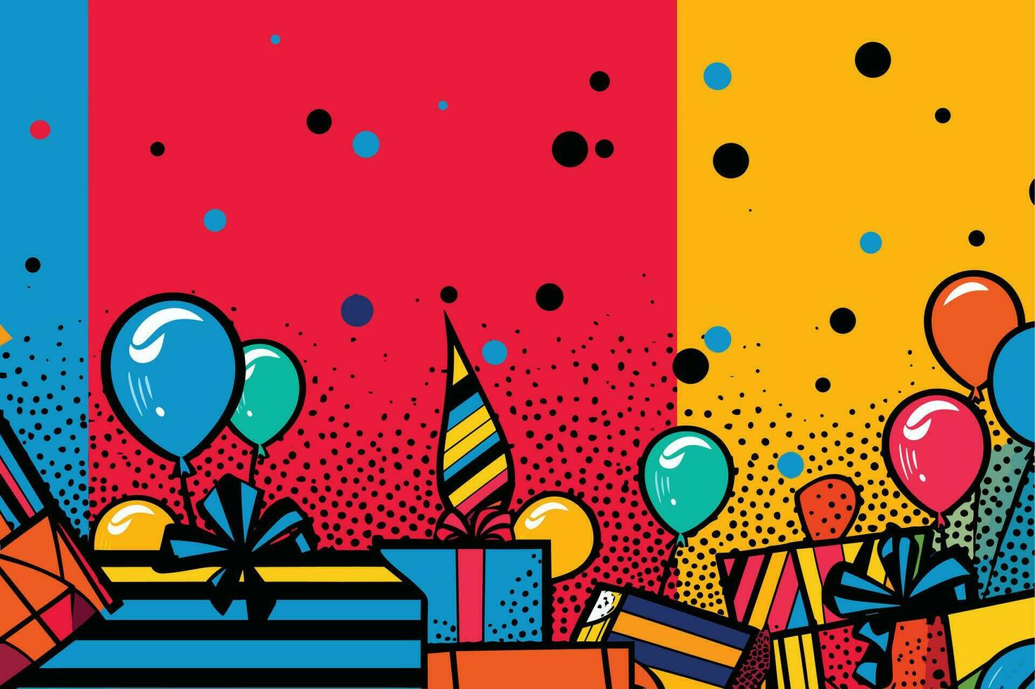 birthday background with balloons pop art and gift boxes vector illustration