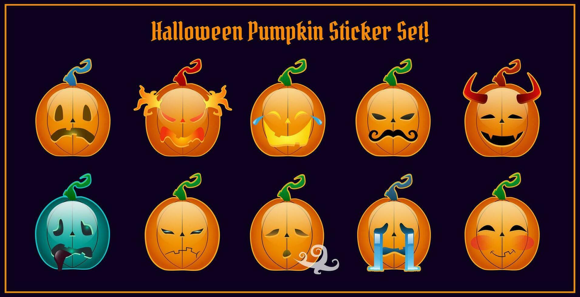 Halloween Pumpkin sticker set with Jack O Lantern emoticon, pumpkin characters, smiles showing different emotions. vector