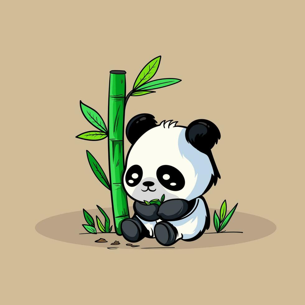 Cute Baby Panda Eat Bamboo Vector Icon Illustration. Panda Mascot Cartoon Character. Animal Icon Concept White Isolated. Flat Cartoon Style Suitable for Web Landing Page, Banner, Flyer, Sticker, Card