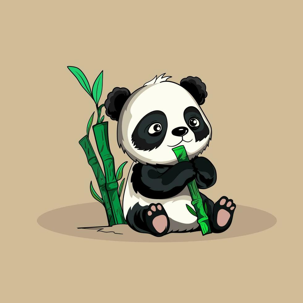 Cute Baby Panda Eat Bamboo Vector Icon Illustration. Panda Mascot Cartoon Character. Animal Icon Concept White Isolated. Flat Cartoon Style Suitable for Web Landing Page, Banner, Flyer, Sticker, Card