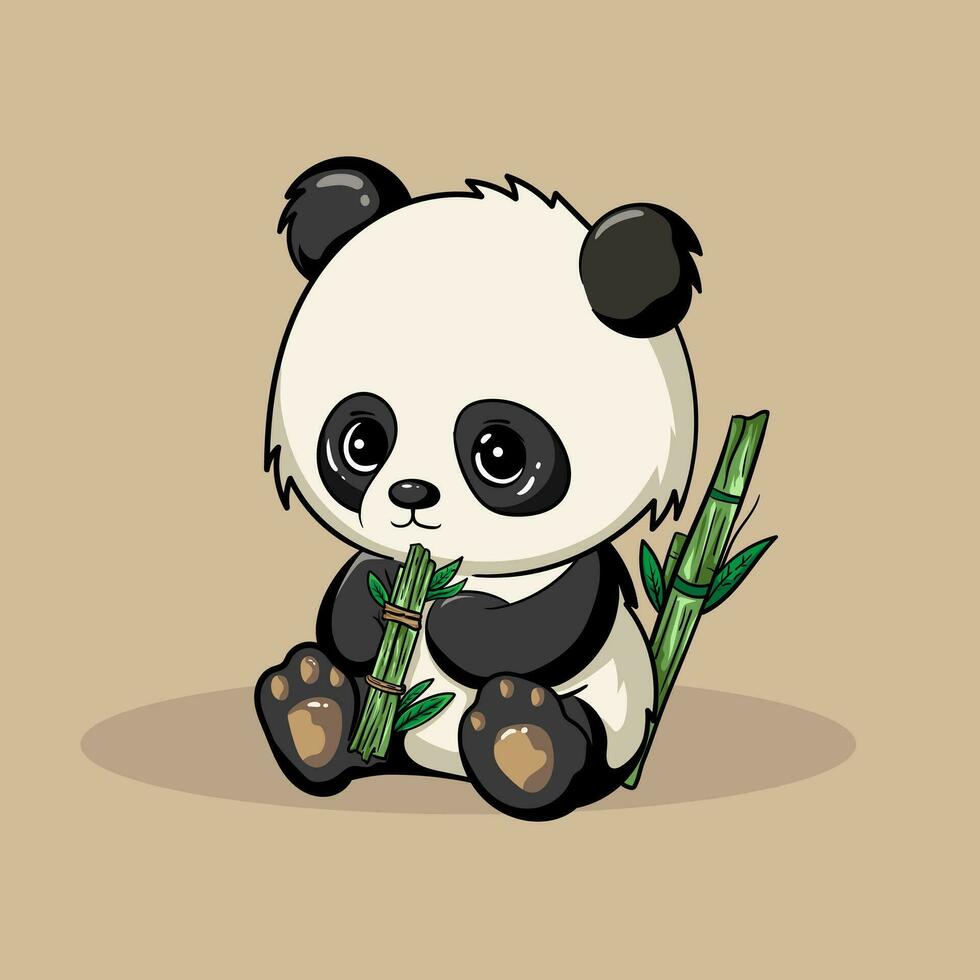 Cute Baby Panda Eat Bamboo Vector Icon Illustration. Panda Mascot Cartoon Character. Animal Icon Concept White Isolated. Flat Cartoon Style Suitable for Web Landing Page, Banner, Flyer, Sticker, Card