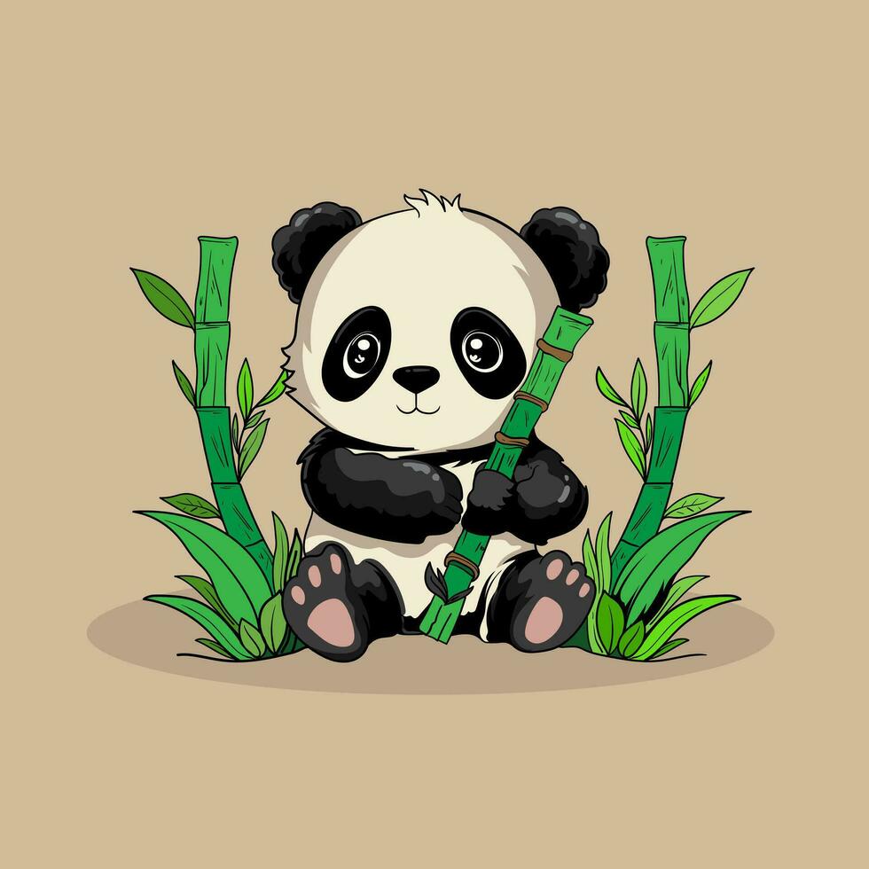 Cute Baby Panda Eat Bamboo Vector Icon Illustration. Panda Mascot Cartoon Character. Animal Icon Concept White Isolated. Flat Cartoon Style Suitable for Web Landing Page, Banner, Flyer, Sticker, Card