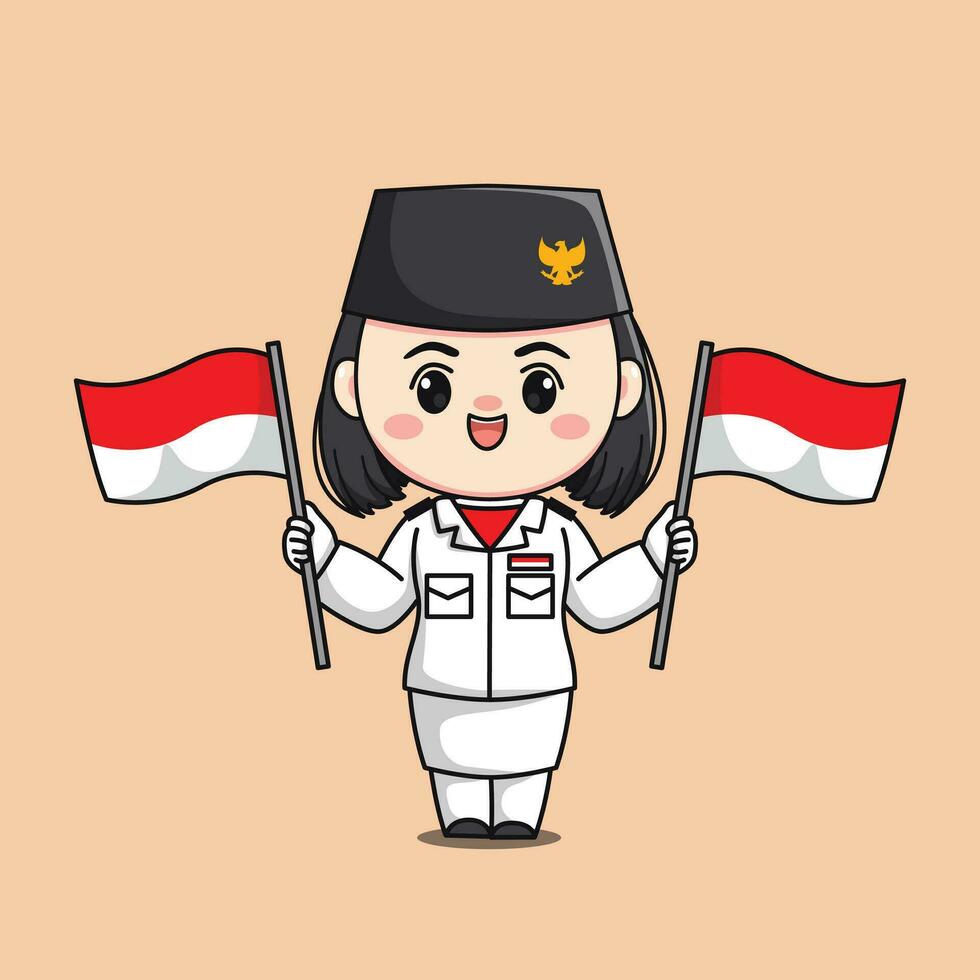 Indonesia independencia día bandera levantador hembra personaje chibi kawaii plano dibujos animados ilustración vector