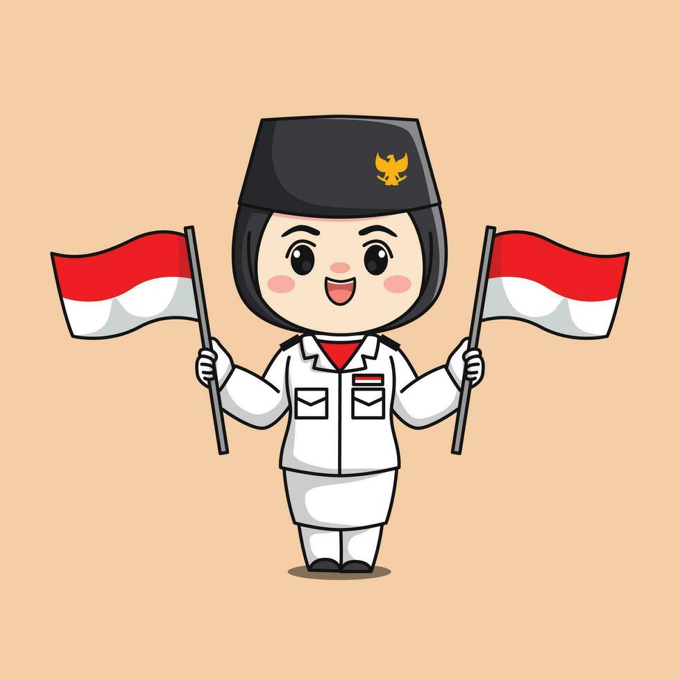 indonesia independence day flag raiser hijab female character chibi kawaii flat cartoon illustration vector