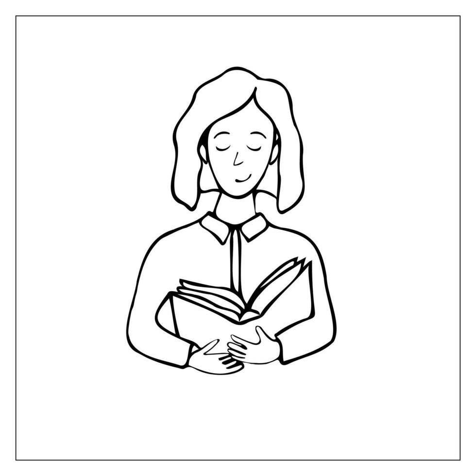 niña lee libro. dibujado a mano garabatear Chica de escuela leyendo un libro de texto. vector, editable, aislado en blanco. vector