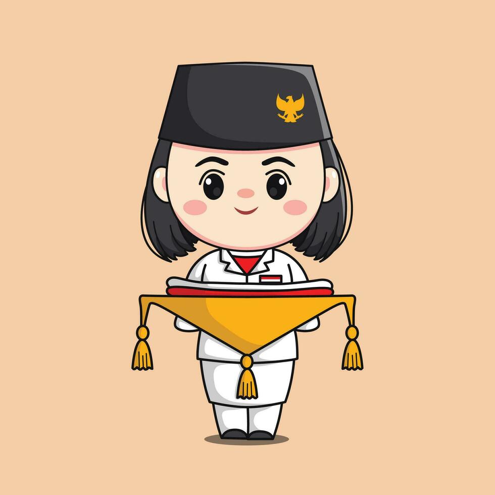 Indonesia independencia día bandera levantador hembra personaje chibi kawaii plano dibujos animados ilustración vector