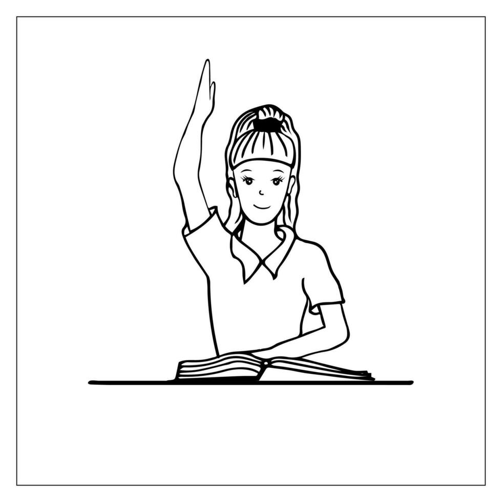 Chica de escuela levanta mano a respuesta. dibujado a mano garabatear de un niña detrás el escritorio. vector, editable, aislado en blanco. vector