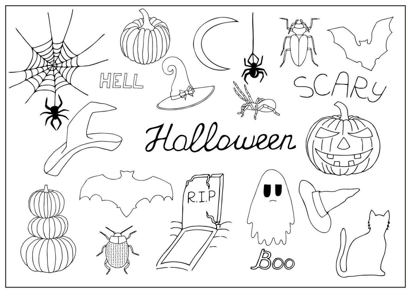 Vector set of Halloween doodle. Funny and scary Halloween decorations for postcards, playrooms. Hand drawn Halloween icons.