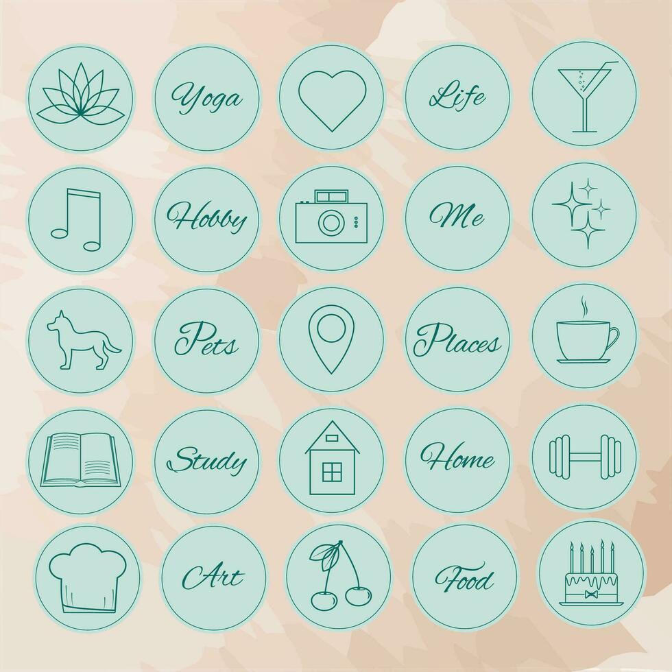 Instagram highlights covers in green-blue colour. Unique instagram story pictures. vector