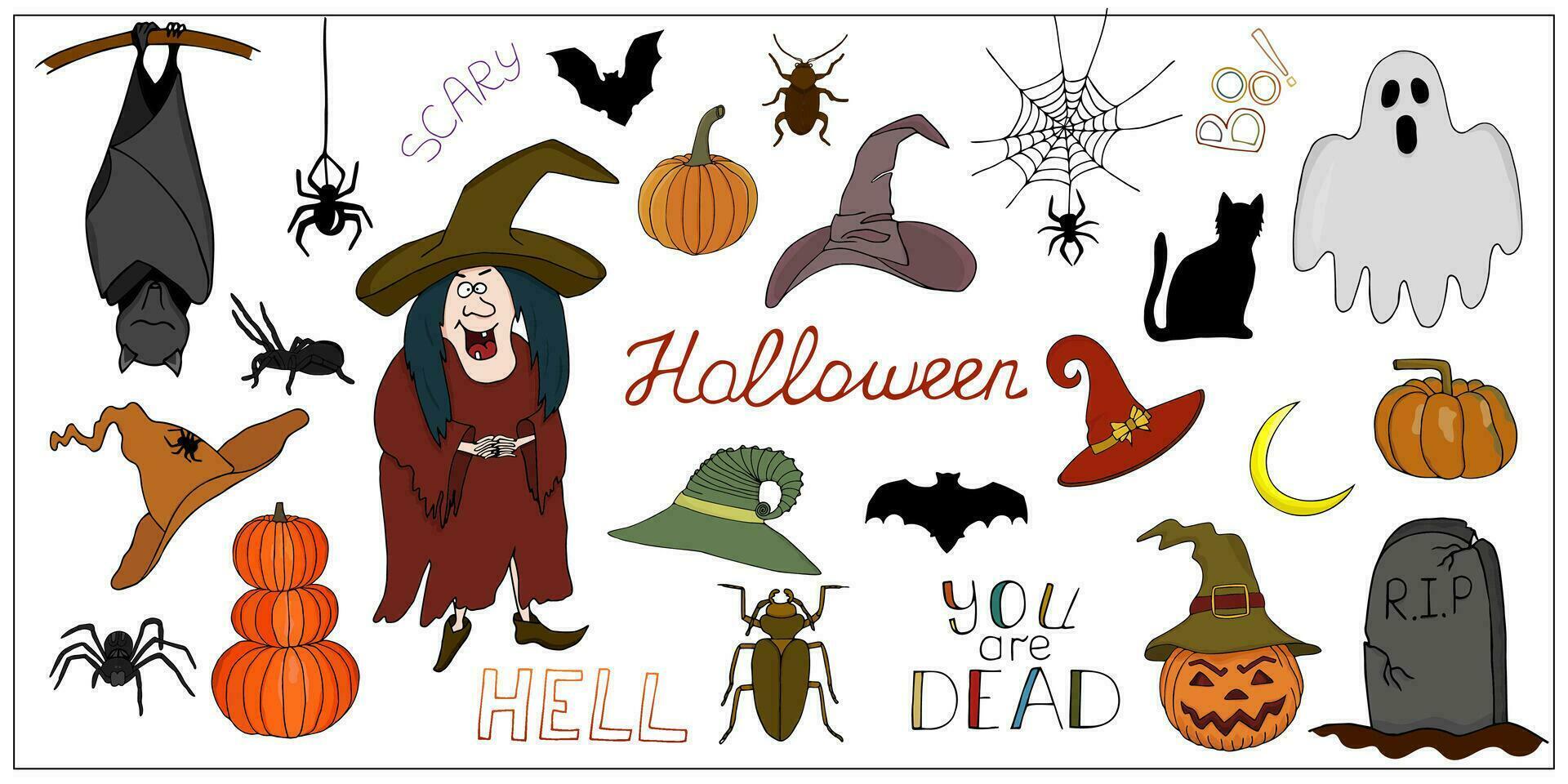 Vector set of Halloween colored doodle. Funny and scary Halloween illustrations for postcards, playrooms. Hand drawn Halloween icons and stickers