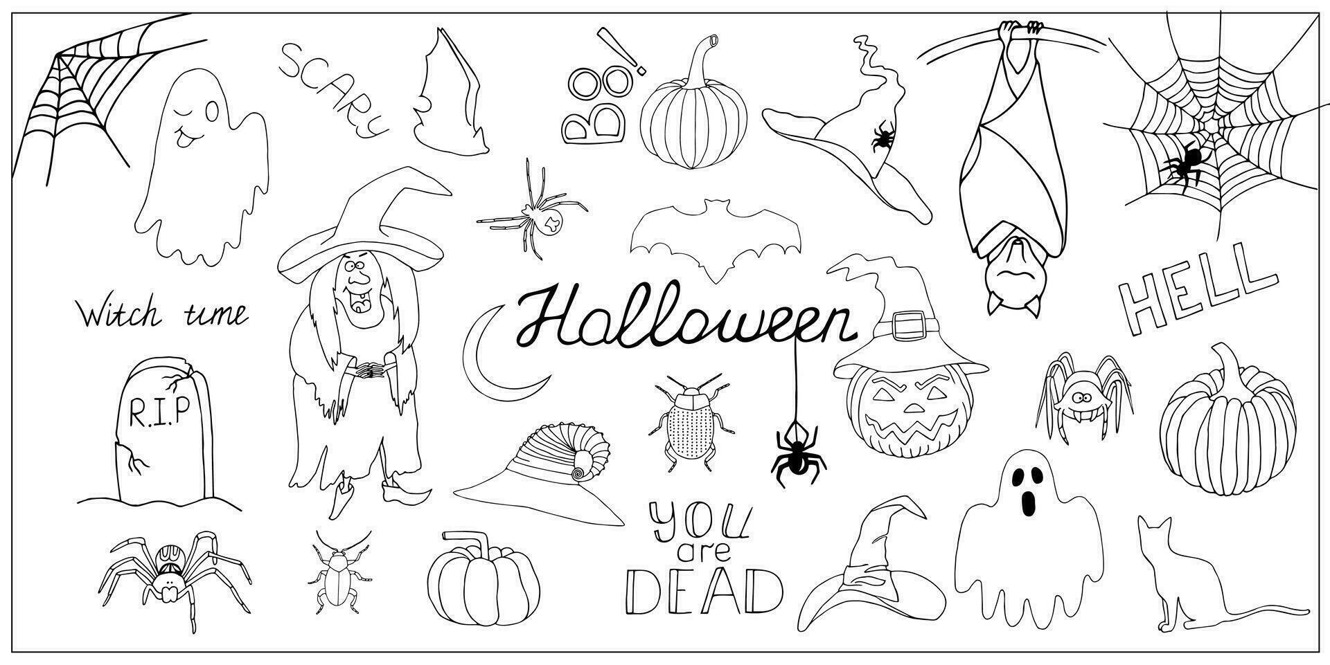 Vector set of Halloween doodle. Funny and scary Halloween decorations for postcards, playrooms. Hand drawn Halloween icons. Witch, ghost, spider web, pumpkin, tomb, bat stickers.