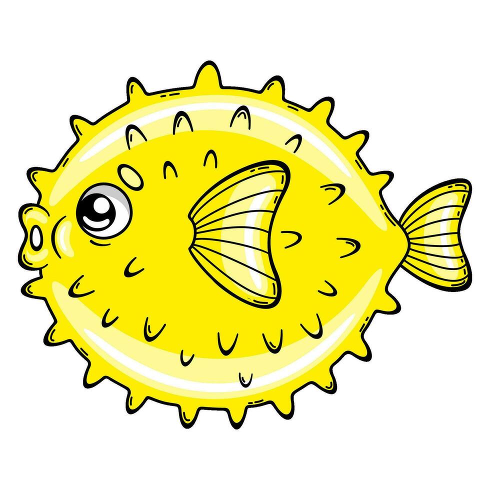 Cartoon cute puffer fish. Vector illustration of blowfish in childish style. Colorful porcupine fish isolated on white background.